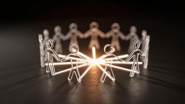 Illuminated wireframe figures holding hands in a circle representing unity and connection photo