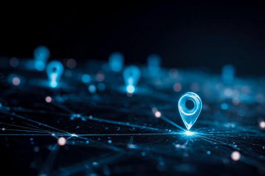 Digital map markers representing global connectivity and navigation technology photo