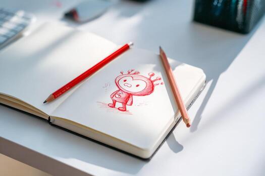 Sketch of a cute robot character on a notebook page with colored pencils on a clean desk photo