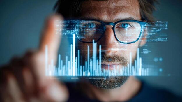 Focused man analyzing futuristic translucent digital graphs and data visualizations on transparent screen in low light environment for business insights photo