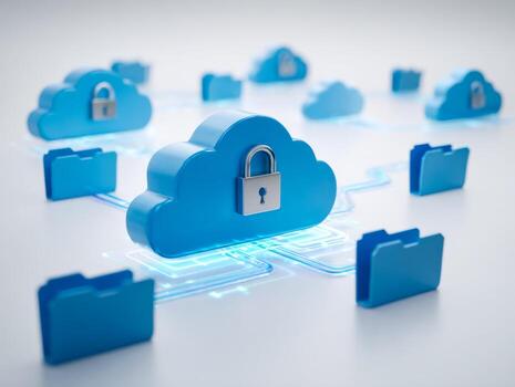 Blue cloud icons secured with padlocks connected to blue digital file folders symbolizing protected cloud data storage and cybersecurity network concept photo