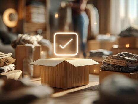 Open cardboard box with illuminated check mark icon surrounded by packed clothes and boxes in warm, cozy room suggesting organization and completion photo