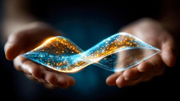 Hands holding a glowing, digital wave of interconnected light particles and data streams representing technology and innovation photo