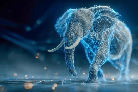 Digital illustration of an elephant formed by interconnected glowing blue lines and particles walking on a futuristic tech-inspired surface in a dark environment photo