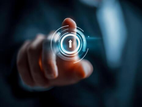 Futuristic digital interface showing upward arrow for data upload or progress control photo