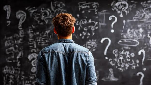 A man standing in front of a blackboard with many question marks photo