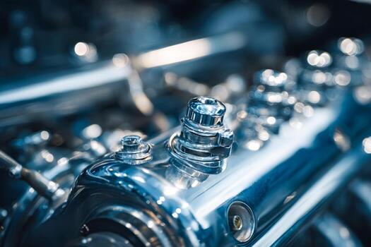 Close-up of a shiny metallic engine component with reflective surfaces and intricate details photo