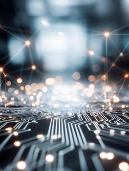 Abstract digital circuitry with glowing connection points and blurred background symbolizing futuristic technology and network communication systems photo