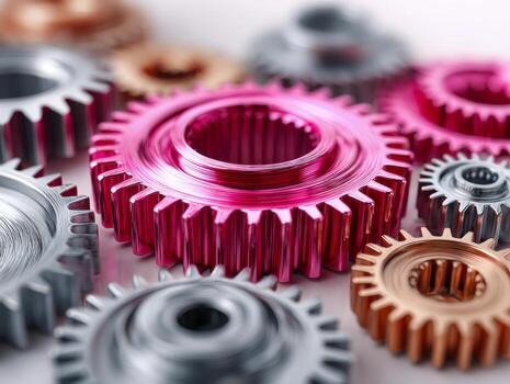 Close-up view of metallic gears in various colors including pink, silver, and bronze, showcasing precision machining and interlocking mechanical components design photo