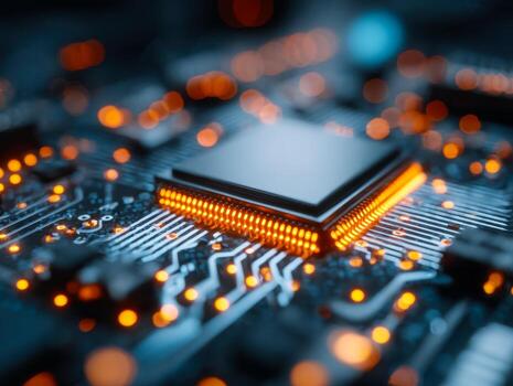 High-tech microchip with glowing orange circuits on a futuristic motherboard symbolizing advanced computing and electronic innovation in technology systems photo