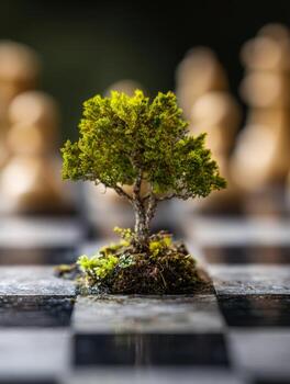miniatura árbol creciente en un tablero de ajedrez cuadrado simbolizando crecimiento y estrategia con borroso de madera ajedrez piezas en el antecedentes en un reflexivo superficie foto