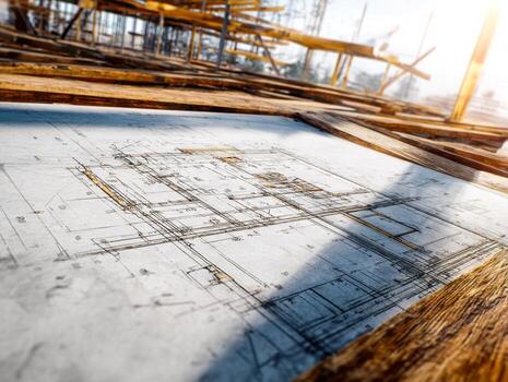 Architectural blueprint on a construction site with sunlight and building framework in the background photo