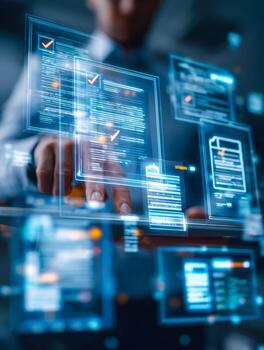 Digital interface with holographic data and checkmarks in a futuristic workspace photo