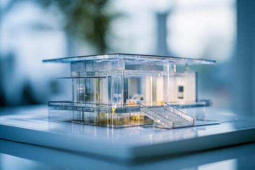 Transparent architectural model of a modern minimalist building with sharp lines and elevated design showcasing innovative construction concepts and lighting effects photo