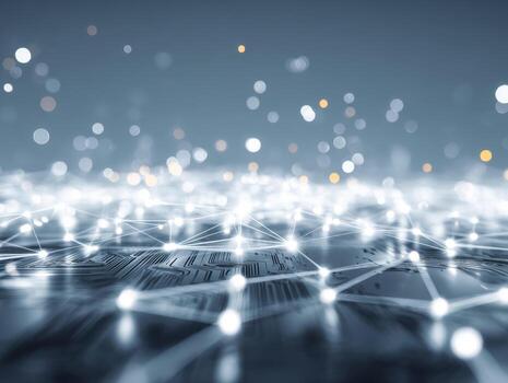 Abstract digital network connections glowing on a technological circuit board with blurred light effects symbolizing data flow and advanced communication systems photo