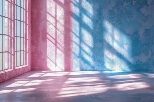 Sunlight casting colorful shadows through large windows in an empty room photo