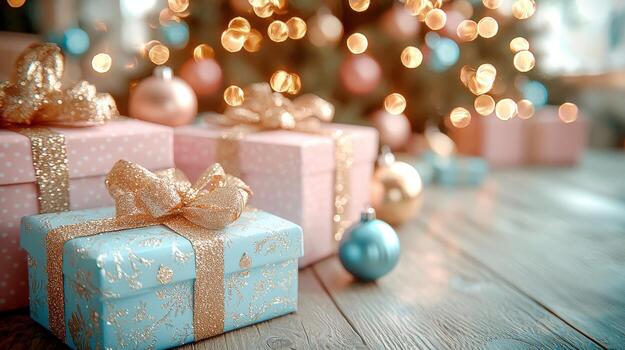 Festively wrapped gift boxes under a decorated Christmas tree with bokeh lights photo
