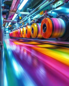 Colorful printing process with vibrant ink rolls and dynamic color flow photo