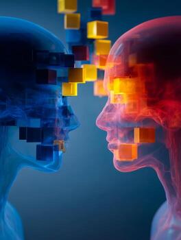 Digital communication between two abstract human profiles with floating cubes photo