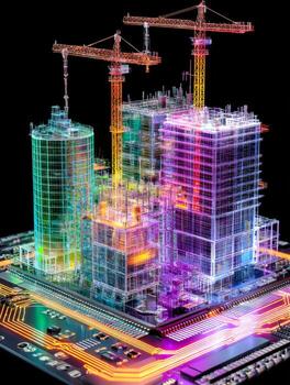Vibrant digital rendering of a futuristic high-rise construction site with illuminated cranes and building frameworks on a tech-inspired circuit board background photo