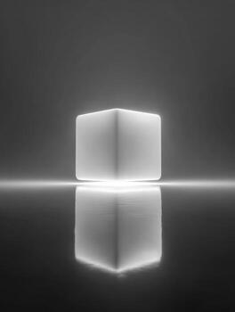 Minimalist illuminated cube with reflection in a sleek, modern setting photo
