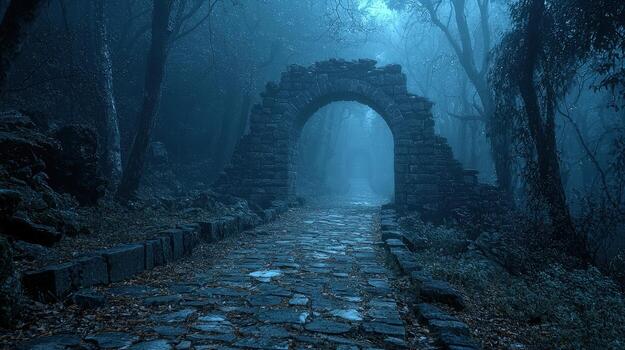 Mysterious ancient stone archway in foggy forest pathway photo