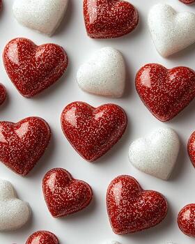 Heart-shaped candies in red and white with speckled glitter pattern on a white background photo
