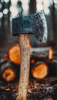 Close-up of axe embedded in wood in a forest setting photo