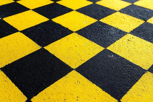 Patterned pavement of interlocking yellow and black squares creating a bold, textured checkerboard design on rough asphalt ground surface in outdoor setting photo