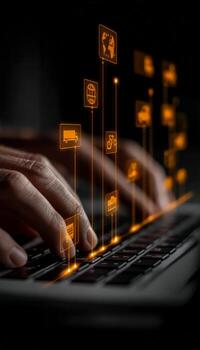 Digital transportation and logistics icons displayed on a futuristic device screen with a person's hands typing on a keyboard photo