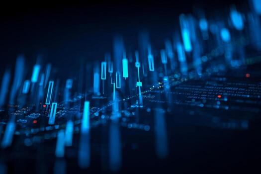 Digital data visualization with glowing blue candlestick chart and code background photo