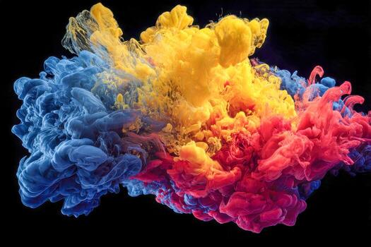 Vibrant colorful ink clouds swirling together creating dynamic yellow, red, and blue shapes against a black background for artistic design and creativity concepts photo