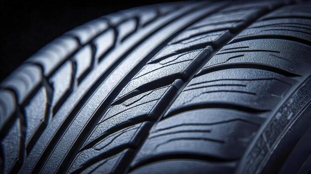 Detailed texture of new vehicle tire tread pattern showing sharp grooves and ridges for enhanced road grip and performance in low light conditions photo