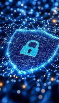 Digital security concept featuring a glowing padlock on a futuristic digital shield with network connections photo