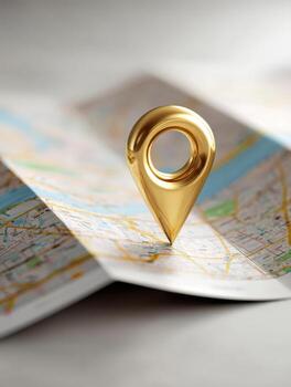 Golden map marker indicating a specific location on a folded paper map with a blurred background for navigation and travel concept photo