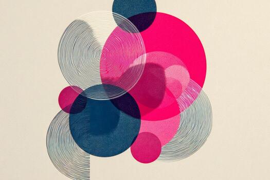Abstract composition of layered pink and blue translucent circles with concentric line patterns creating a modern geometric design on a beige background photo
