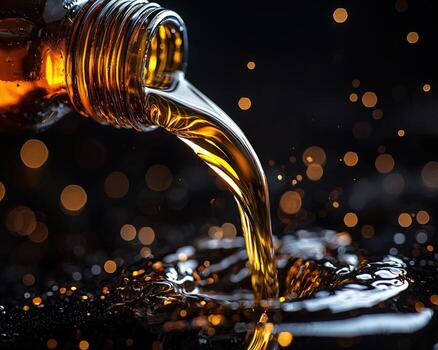 Close-up of amber liquid pouring from a glass bottle into a dark surface, with glowing bokeh lights and splash effects photo