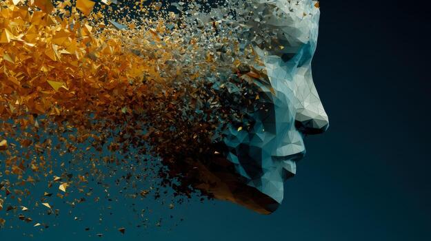 Abstract fragmented polygonal face dissolving into golden geometric shards against dark background symbolizing digital transformation and creative evolution concepts photo