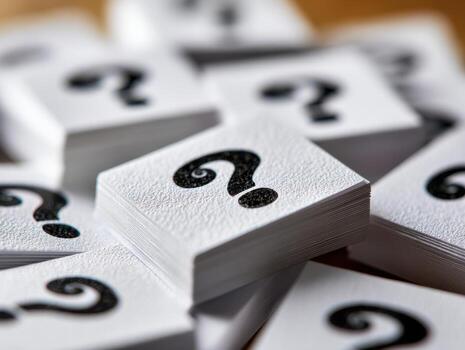 Stacks of white textured paper cards featuring bold black question marks symbolizing curiosity, inquiry, and the search for answers in uncertain situations photo