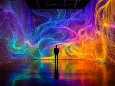 Immersive digital art installation with vibrant, flowing light patterns and a lone observer in a futuristic gallery setting photo