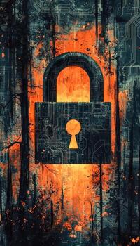 Digital lock symbol over a fiery forest scene with circuit pattern effects photo