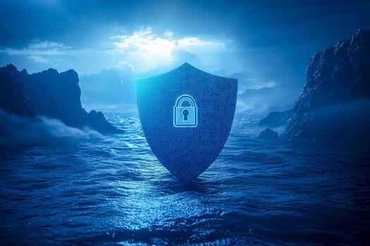 Digital shield with lock symbol protecting data in a digital ocean scene photo