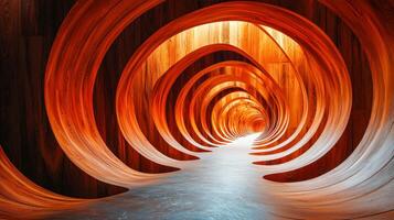 surrealista de madera túnel con espiral diseño y calentar Encendiendo foto