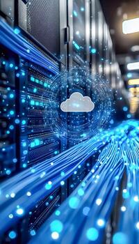 Cloud computing in data center with digital data transfer visualization photo