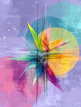 resumen geométrico composición mezcla vibrante estrella formas y dinámica líneas con vistoso superposición círculos conjunto en contra un texturizado pastel púrpura antecedentes foto