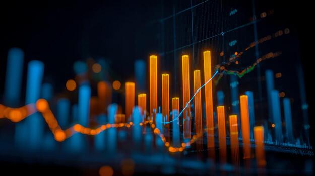 Digital financial data visualization with glowing bar graphs and trend lines photo