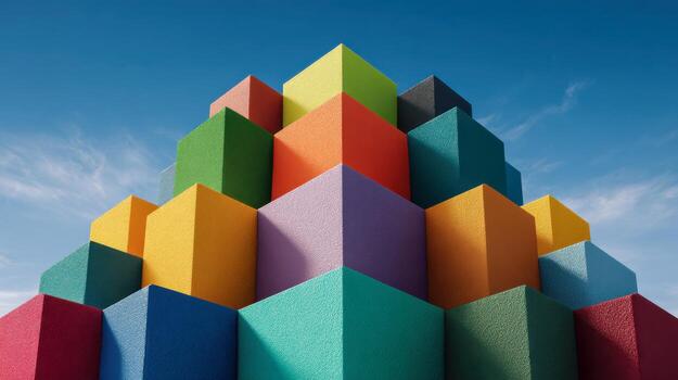 vibrante vistoso cubitos apilado en un pirámide forma en contra un claro azul cielo creando un visualmente sorprendentes geométrico arquitectónico composición foto