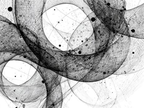 Abstract cosmic web of interconnected spirals and dots in monochrome photo