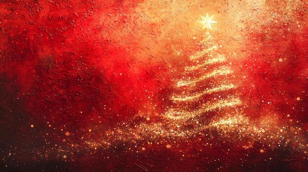 Festive glowing Christmas tree with star on top against vibrant red background photo