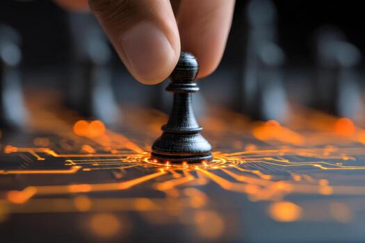 Digital strategy concept with a chess king and technological circuit background photo